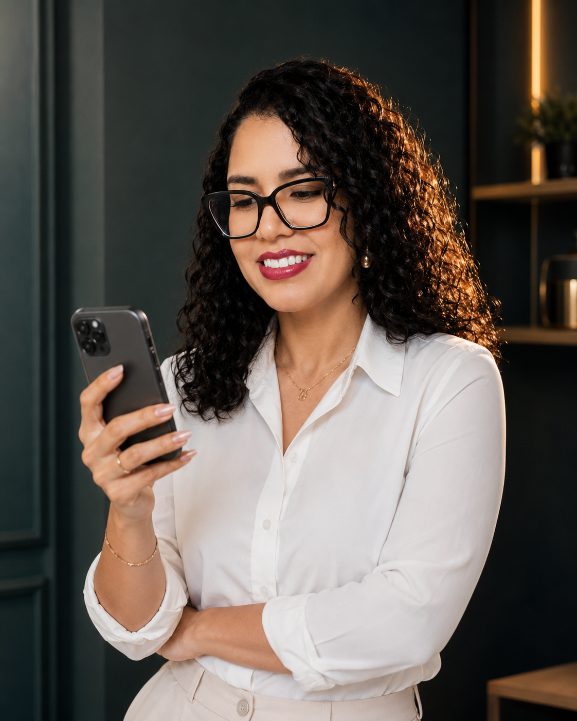 Mulher confiante segurando o celular, planejando estratégia de stories em ambiente com tons verde-escuro e dourado